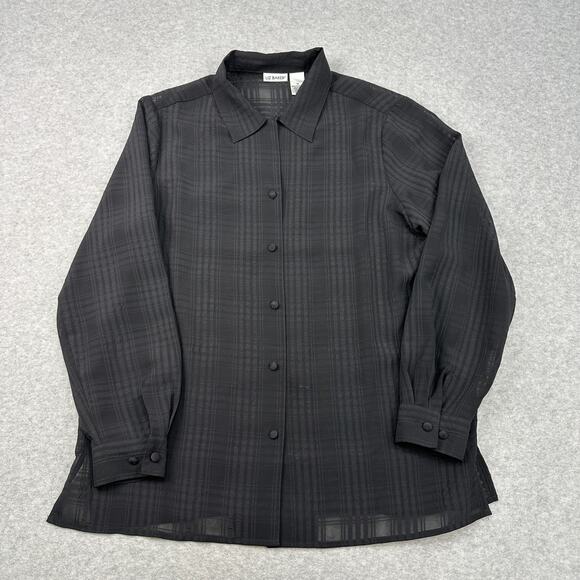Liz Baker Sheer Shirt WMNS 14 Black Textured Grid Long Sleeve Button Up Bouse - Picture 2 of 10
